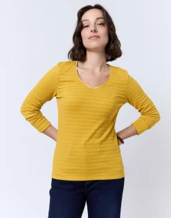 T-Shirt manches longues en mélange coton uni JAUNE Femme