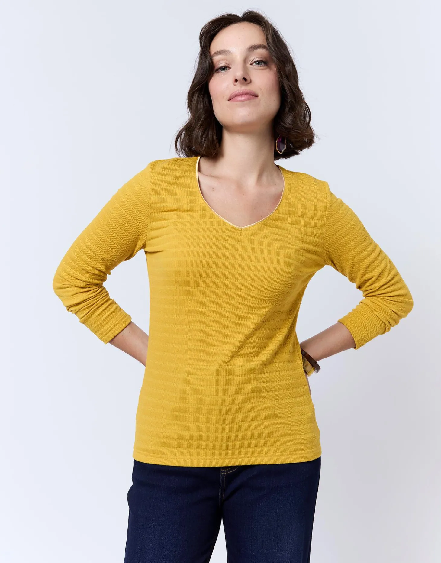 T-Shirt manches longues en mélange coton uni JAUNE Femme