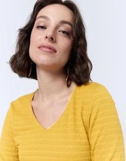 T-Shirt manches longues en mélange coton uni JAUNE Femme