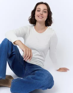 T-Shirt manches longues en mélange coton uni ECRU Femme