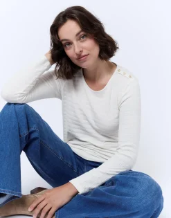 T-Shirt manches longues en mélange coton uni ECRU Femme