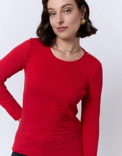 T-Shirt manches longues en mélange coton uni ROUGE Femme