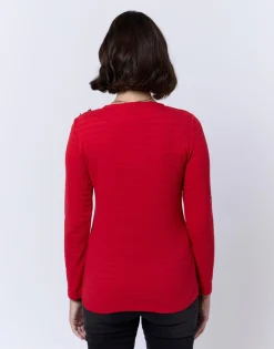 T-Shirt manches longues en mélange coton uni ROUGE Femme