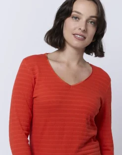 T-Shirt manches longues en mélange coton uni ORANGE Femme