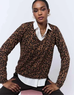 T-Shirt manches longues imprimé léopard MARRON Femme