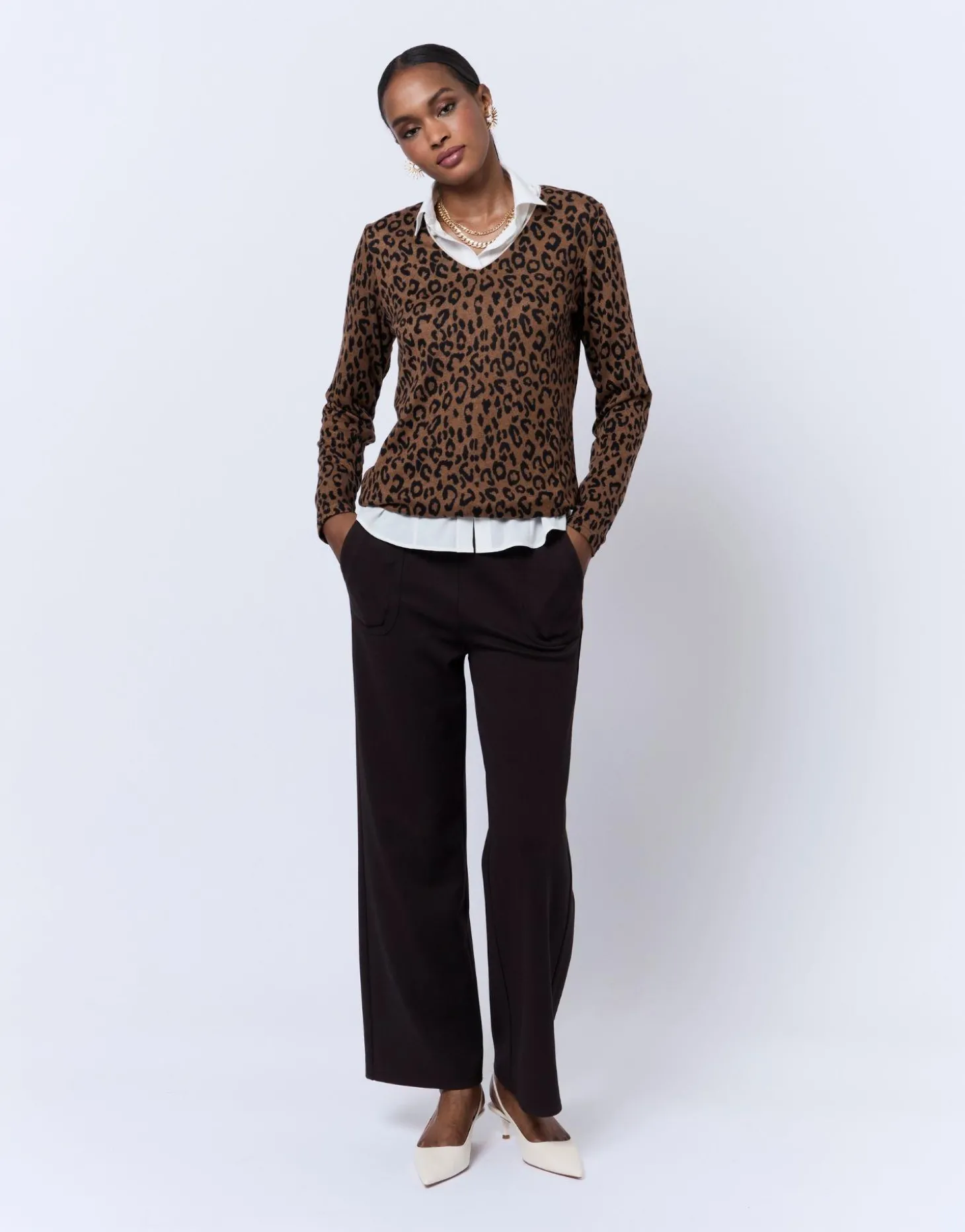 T-Shirt manches longues imprimé léopard MARRON Femme
